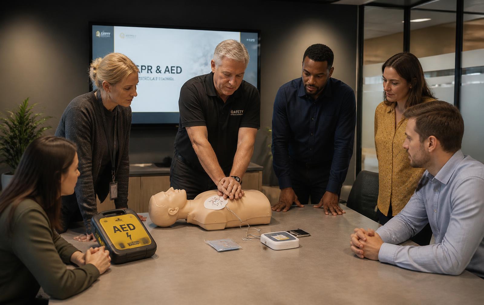 An instructor demonstrating AED pad placement to a workplace team around a conference table