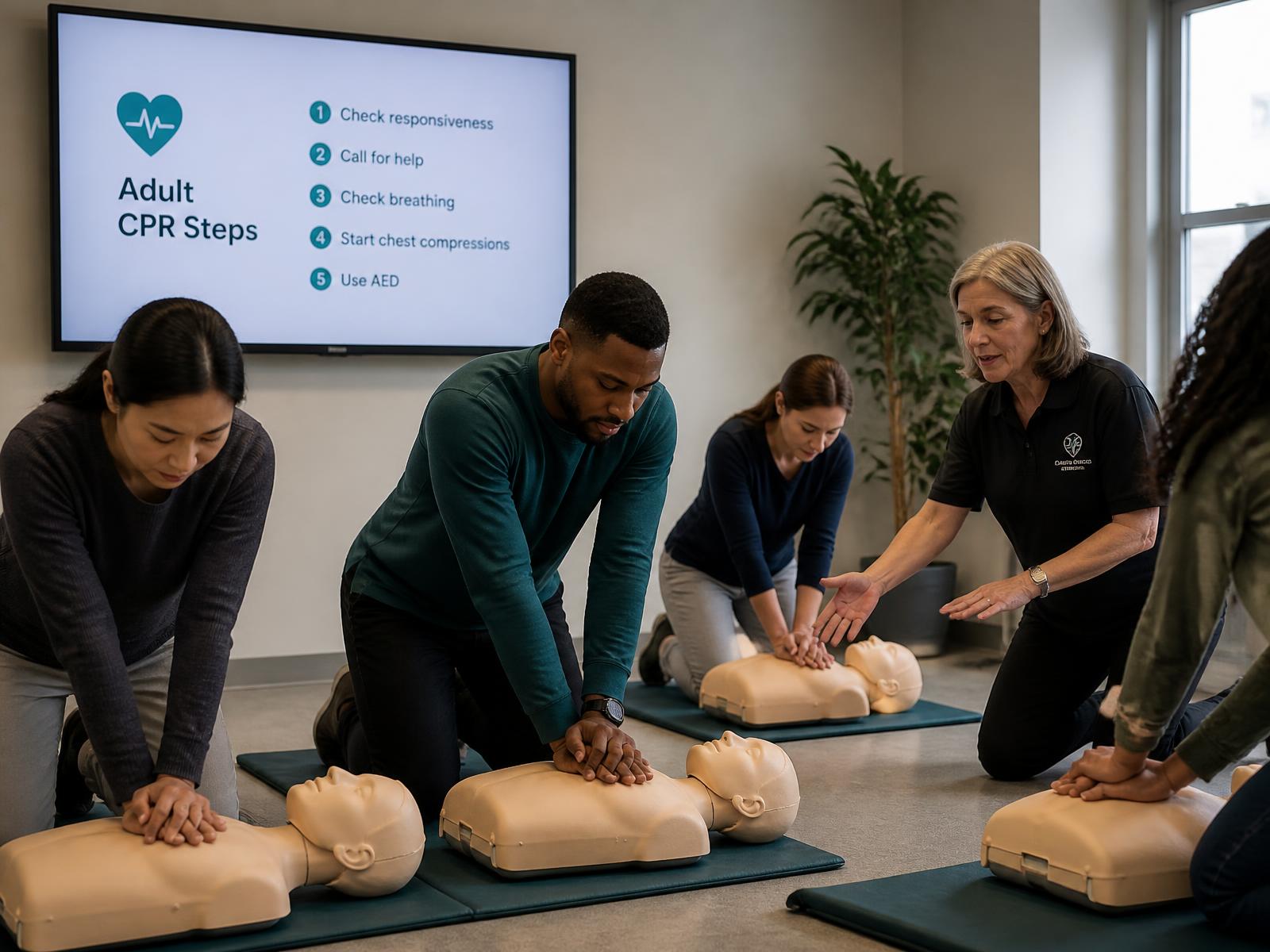 Adults practicing chest compressions on CPR manikins while an instructor guides them